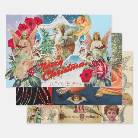 RETRO CHRISTMAS AFBEELDINGEN die Reeks van 3 verpa Inpakpapier Vel (Set)