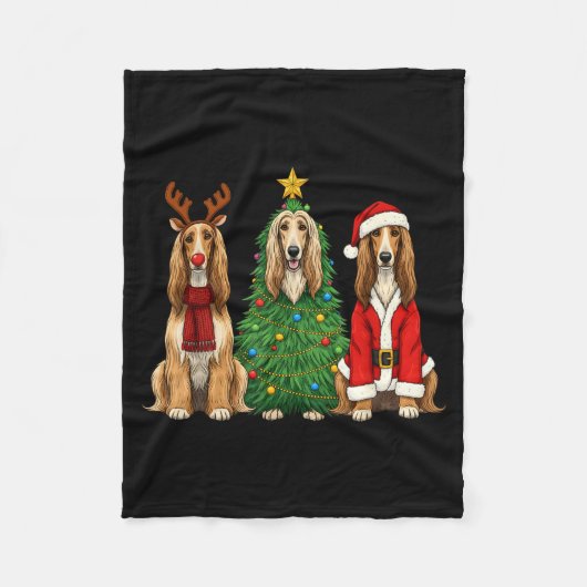 Retro Christmas Afghan Hound Santa Reindeer Dog Lo Fleece Deken (Voorkant)