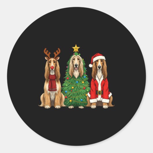 Retro Christmas Afghan Hound Santa Reindeer Dog Lo Ronde Sticker (Voorkant)