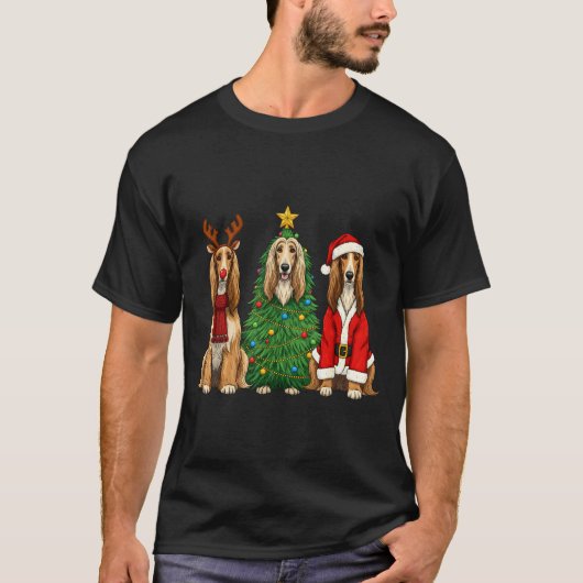 Retro Christmas Afghan Hound Santa Reindeer Dog Lo T-shirt (Voorkant)