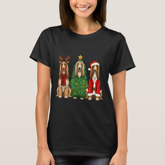 Retro Christmas Afghan Hound Santa Reindeer Dog Lo T-shirt (Voorkant)