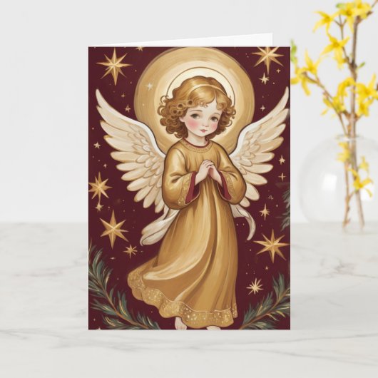 Retro Christmas Angel Art Aangepaste tekst Kaart (Gele Bloem)