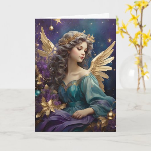 Retro Christmas Angel Art Custom Bericht Kaart (Gele Bloem)
