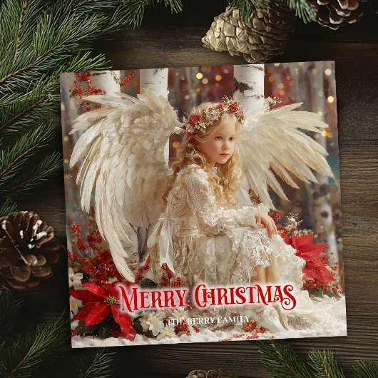 Retro Christmas angel red and gold artistic card Feestdagenkaart