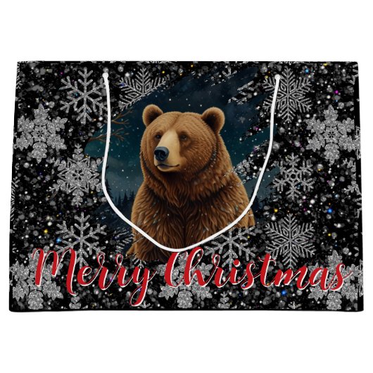 Retro Christmas bear midnight snowy landscape Groot Cadeauzakje (Voorkant)