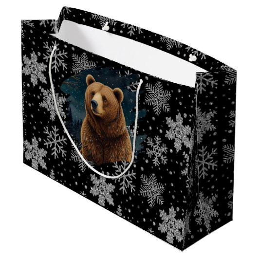 Retro Christmas bear midnight snowy landscape Groot Cadeauzakje (Achterkant Gekanteld)