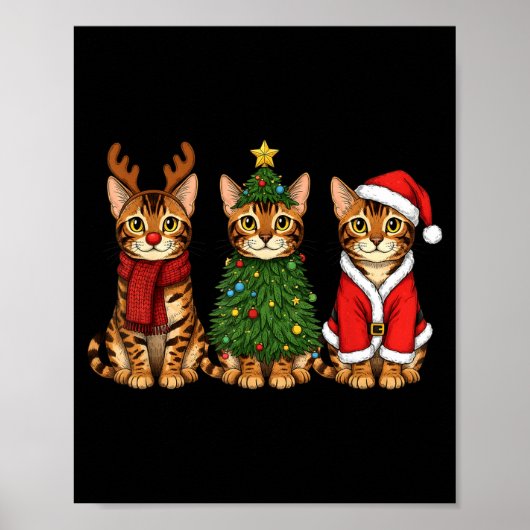 Retro Christmas Bengal Cat Santa Reindeer Poster (Voorkant)