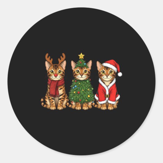 Retro Christmas Bengal Cat Santa Reindeer  Ronde Sticker (Voorkant)