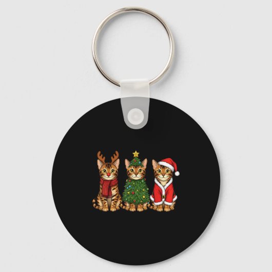 Retro Christmas Bengal Cat Santa Reindeer  Sleutelhanger (Voorkant)