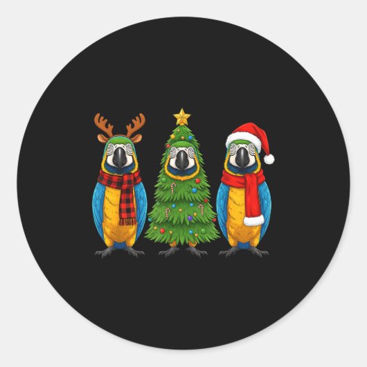 Retro Christmas Blue And Yellow Macaw Parrot Santa Ronde Sticker (Voorkant)