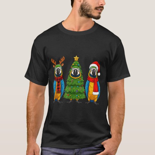 Retro Christmas Blue And Yellow Macaw Parrot Santa T-shirt (Voorkant)