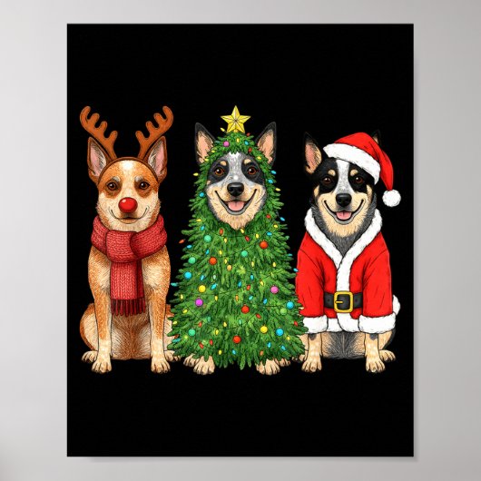 Retro Christmas Blue Heeler Santa Reindeer Dog Lov Poster (Voorkant)