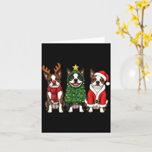 Retro Christmas Boston Terrier Santa Reindeer Dog  Kaart (Gele Bloem)