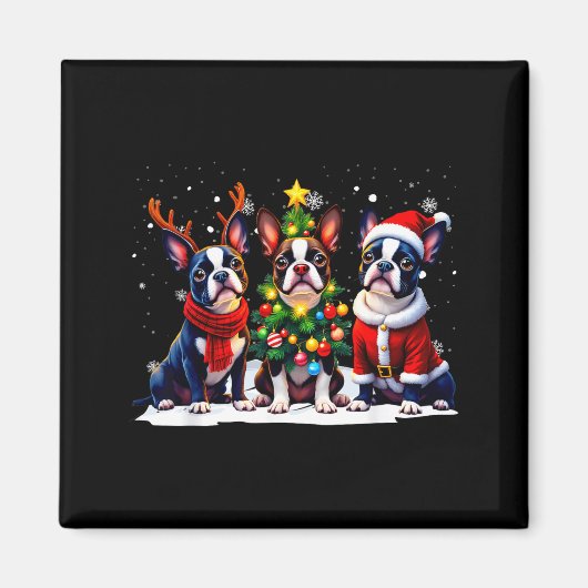 Retro Christmas Boston Terrier Santa Reindeer Dog  Magneet (Voorkant)