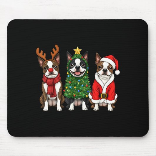 Retro Christmas Boston Terrier Santa Reindeer Dog Muismat (Voorkant)