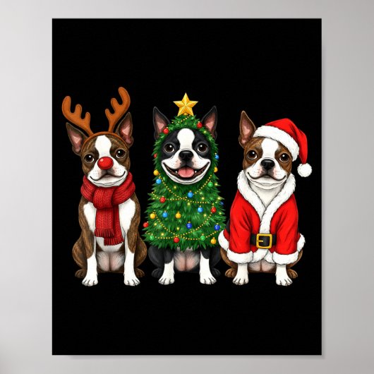 Retro Christmas Boston Terrier Santa Reindeer Dog  Poster (Voorkant)