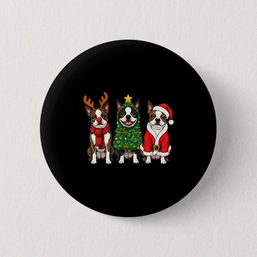 Retro Christmas Boston Terrier Santa Reindeer Dog Ronde Button 5,7 Cm (Voorkant)