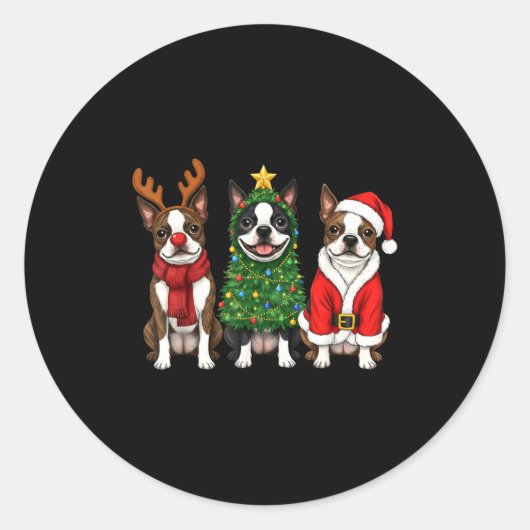 Retro Christmas Boston Terrier Santa Reindeer Dog  Ronde Sticker (Voorkant)
