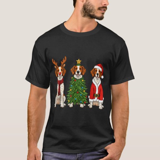 Retro Christmas Brittany Spaniel Santa Reindeer Do T-shirt (Voorkant)