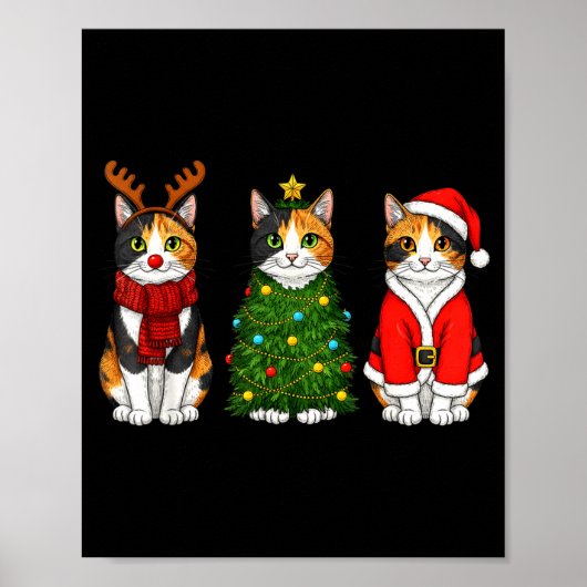 Retro Christmas Calico Cat Santa Reindeer Poster (Voorkant)