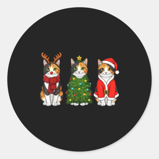 Retro Christmas Calico Cat Santa Reindeer  Ronde Sticker (Voorkant)