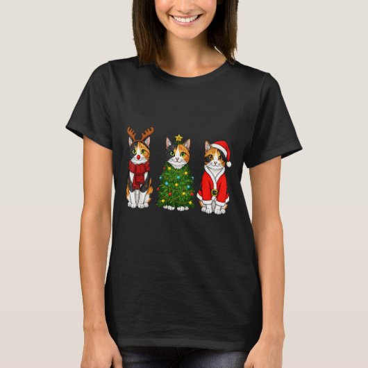 Retro Christmas Calico Cat Santa Reindeer T-shirt (Voorkant)