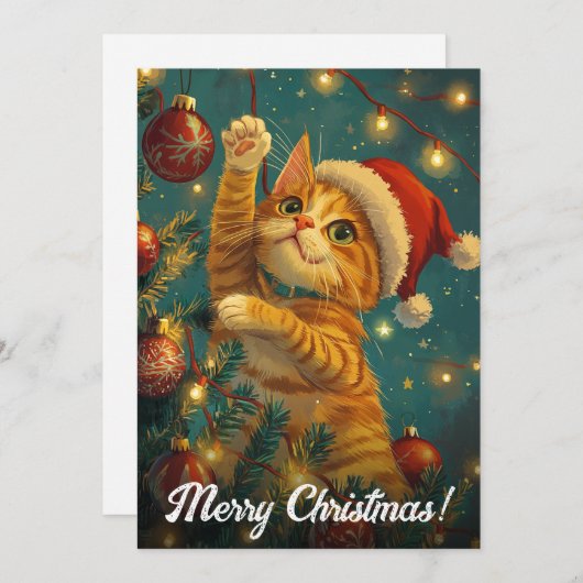 Retro Christmas Cat Tree aangepaste tekst Feestdagenkaart (Voorkant / Achterkant)