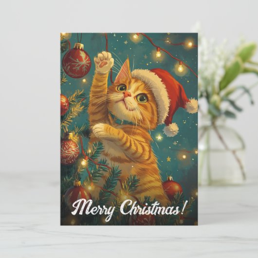 Retro Christmas Cat Tree aangepaste tekst Feestdagenkaart (Staand voorkant)