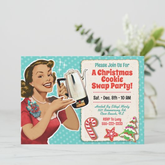 Retro Christmas Cookie Swap Party Uitnodiging (Staand voorkant)