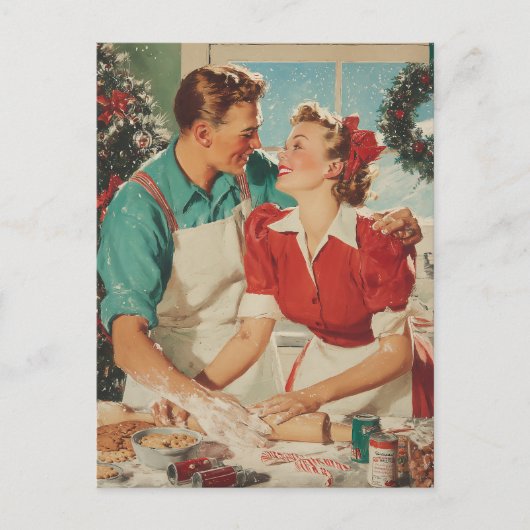 Retro Christmas Couple Baking Love Feestdagenkaart (Voorkant)