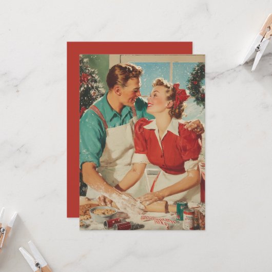 Retro Christmas Couple Baking Love Kaart (Voorkant / Achterkant in situ)