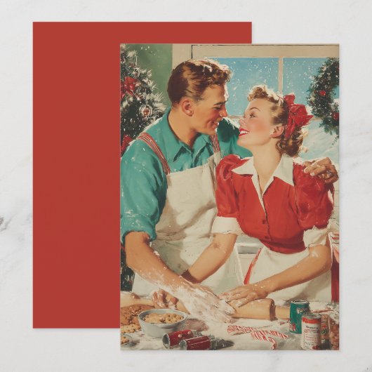 Retro Christmas Couple Baking Love Kaart (Voorkant / Achterkant)