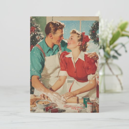 Retro Christmas Couple Baking Love Kaart (Staand voorkant)