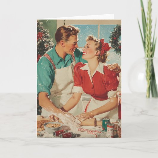 Retro Christmas Couple Baking Love Kaart (Voorkant)