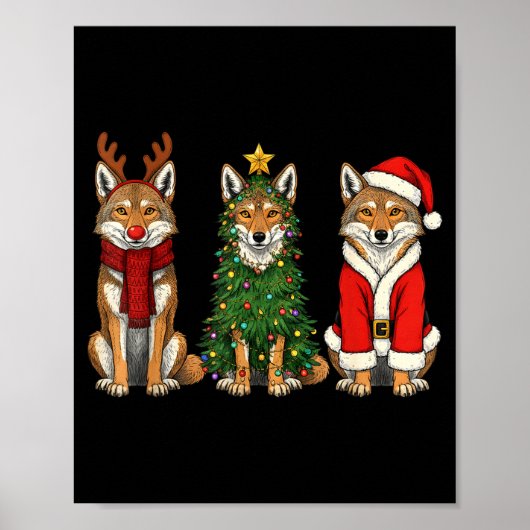 Retro Christmas Coyote Santa Reindeer Poster (Voorkant)