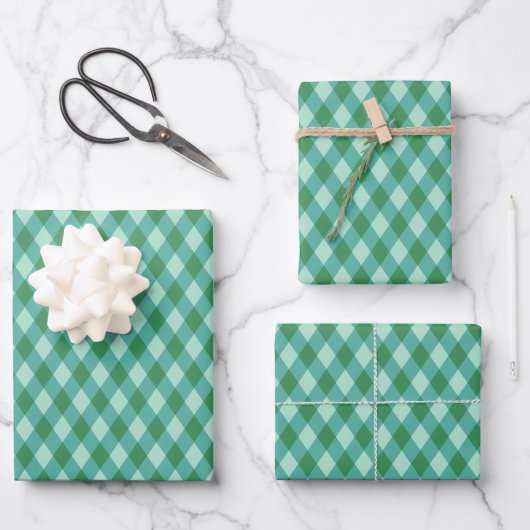Retro Christmas Diamond Plaid - Groen & Turkoois Inpakpapier Vel (Voorkant)