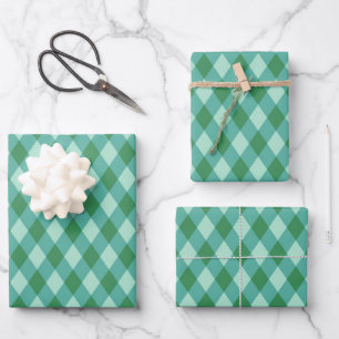 Retro Christmas Diamond Plaid - Groen & Turkoois Inpakpapier Vel