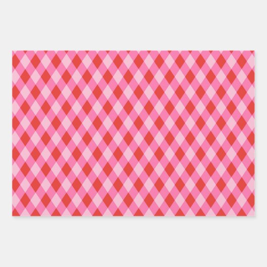 Retro Christmas Diamond Plaid - Rood & Roze Inpakpapier Vel (Voorkant 2)