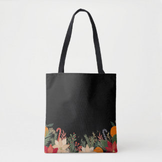 Retro Christmas floral pattern in black Tote Bag