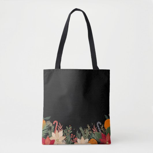Retro Christmas floral pattern in black Tote Bag (Voorkant)