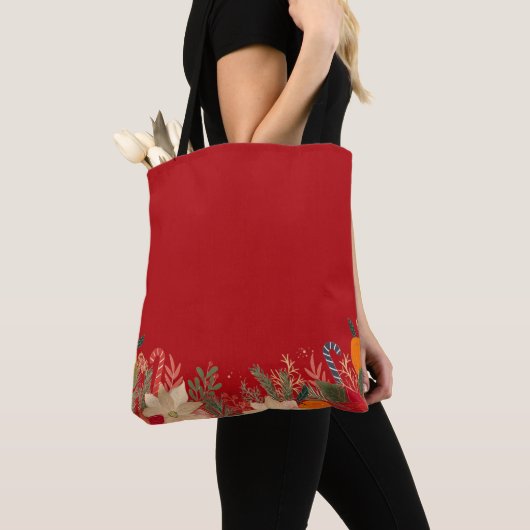 Retro Christmas floral pattern in red Tote Bag (Dichtbij)