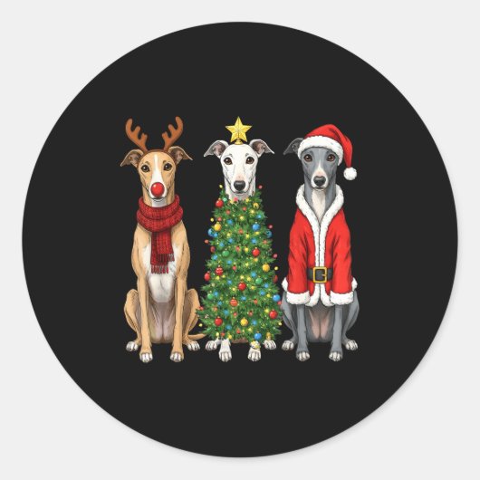 Retro Christmas Ghound Santa Reindeer Dog Lover  Ronde Sticker (Voorkant)