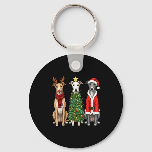 Retro Christmas Ghound Santa Reindeer Dog Lover Sleutelhanger (Voorkant)