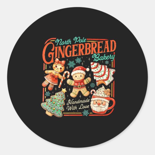 Retro Christmas Gingerbread Bakery North Le Cookie Ronde Sticker (Voorkant)