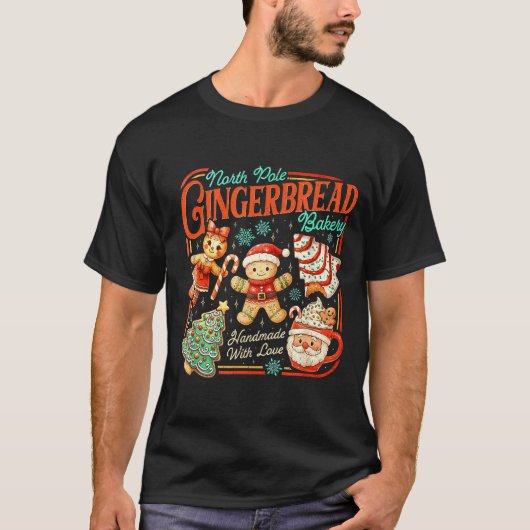 Retro Christmas Gingerbread Bakery North Le Cookie T-shirt (Voorkant)
