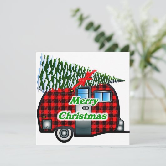 Retro Christmas Kaart Plaid Camper n Tree (Staand voorkant)