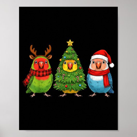 Retro Christmas Lovebird Parrot Santa Reindeer  Poster (Voorkant)