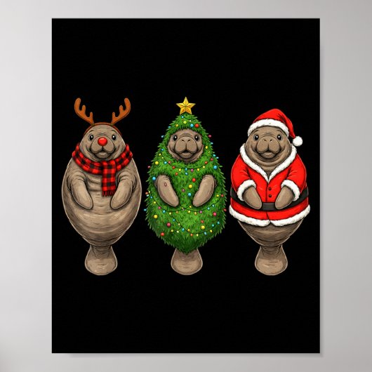 Retro Christmas Manatee Santa Reindeer Poster (Voorkant)