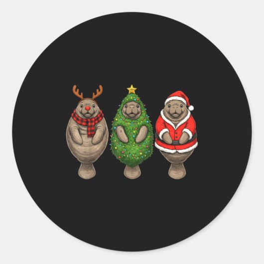 Retro Christmas Manatee Santa Reindeer Ronde Sticker (Voorkant)