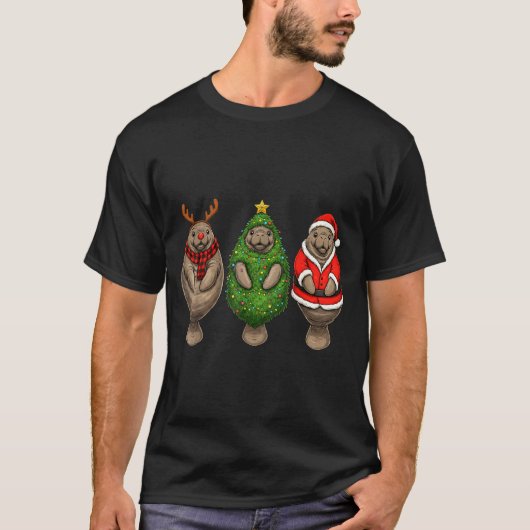 Retro Christmas Manatee Santa Reindeer  T-shirt (Voorkant)